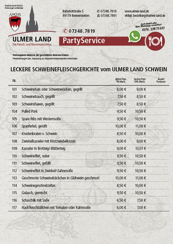 Partyservice Preisliste